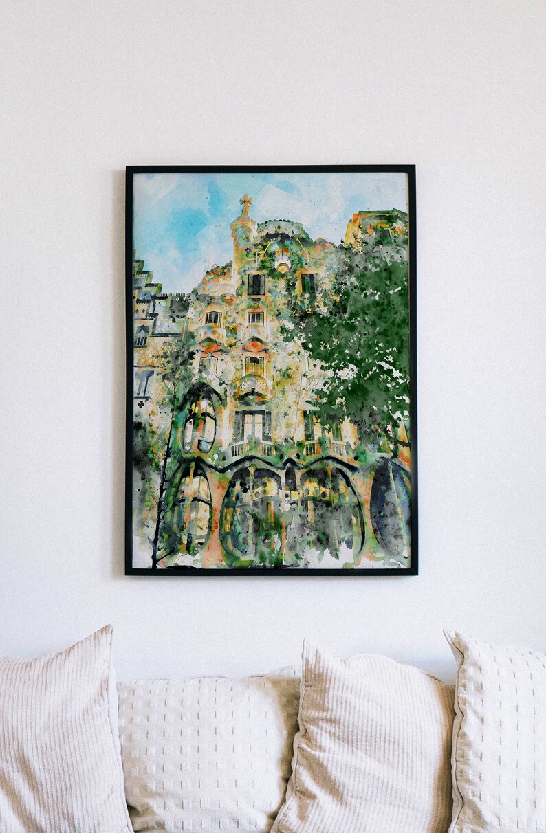 Casa Batllo Barcellona, pittura ad acquerello stampabile, architettura di Gaudi, arredamento del paesaggio urbano spagnolo, regalo di viaggio in Catalunya, souvenir d'arte da parete immagine 3