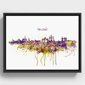 Brussels Skyline Watercolor, Purple Yellow Cityscape Print, Printable Belgium Wall Art, 4 Sizes Included