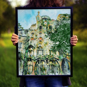 Casa Batllo Barcellona, pittura ad acquerello stampabile, architettura di Gaudi, arredamento del paesaggio urbano spagnolo, regalo di viaggio in Catalunya, souvenir d'arte da parete immagine 6