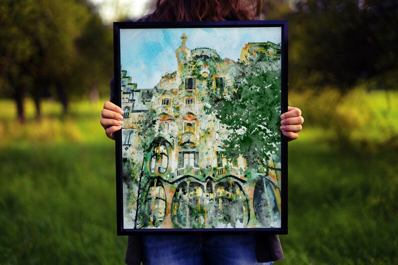 Casa Batlló Barcelona, Pintura de acuarela imprimible, Arquitectura de Gaudí, Decoración del paisaje urbano español, Regalo de viaje de Cataluña, Recuerdo de arte de pared imagen 6