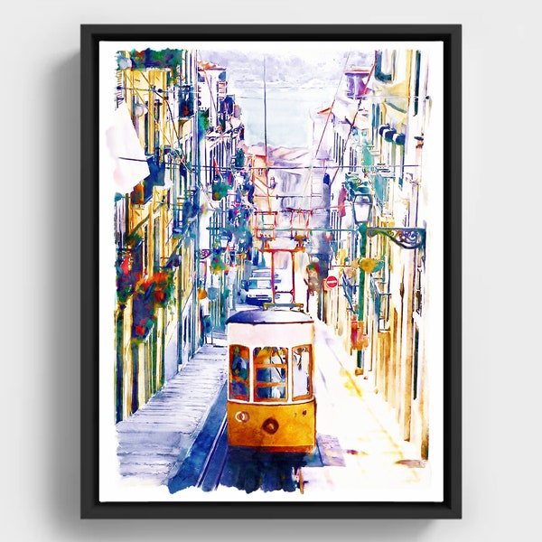 Paysage urbain coloré de Lisbonne, aquarelle, Portugal, tramway jaune, souvenir imprimable de Lisabona, cadeau abordable de Lisbonne, décoration portugaise