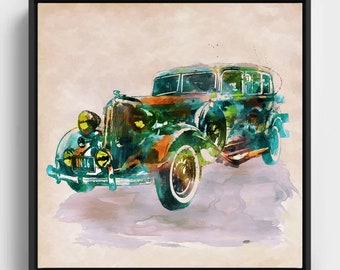 Vintage Epoque Car, Pintura de acuarela, Descarga instantánea, Arte de la pared del coche antiguo, Cartel del vehículo, Automóvil verde, Arte Oldsmobile, Regalo para él