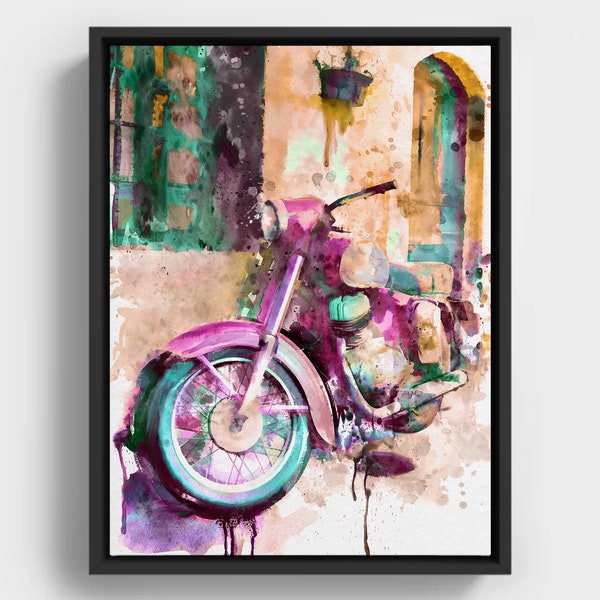 Vintage Motorcycle Vibrant Watercolor Painting - Printable Wall Art Gift Idea for Men