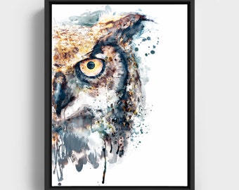 Great Horned Owl, Half Face Portrait, Watercolor Painting, Printable Hoot Owl Chalet Decor, Nursery Wall Art Owl Lover Gift, Bubo, Kids Room