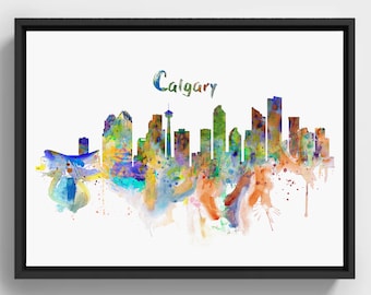 Horizon aquarelle de Calgary, ville abstraite imprimable, peinture, décoration urbaine virile, idée cadeau pour papa, amateur de Calgary, art mural du centre-ville de Calgary