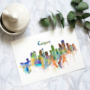 Calgary acuarela Skyline imprimible ciudad abstracta pintura varonil decoración urbana idea de regalo para papá amante de Calgary Downtown Calgary Wall Art imagen 6