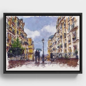 Romantic Couple in Paris Watercolor, Montmartre Cityscape Art Print, Umbrella Couple Wall Art, Paris Love Decor, Digital Download
