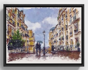 Couple romantique sous le parapluie à Montmartre Paris, art imprimable, aquarelle, décoration urbaine, idée cadeau, amoureux de Paris, France, souvenir