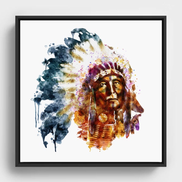 Chef amérindien, portrait à l'aquarelle, peinture indienne à imprimer, affiche western, coiffure de plumes, héritage américain, cadeau d'art indien