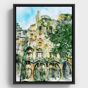 Casa Batllo Barcelona, aquarelle imprimable, architecture de Gaudi, décoration de paysage urbain espagnol, cadeau de voyage en Catalogne, souvenir d'art mural image 1