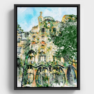 Casa Batllo Barcelona Watercolor, Gaudi Architecture Cityscape Travel Art Gift, Printable Art