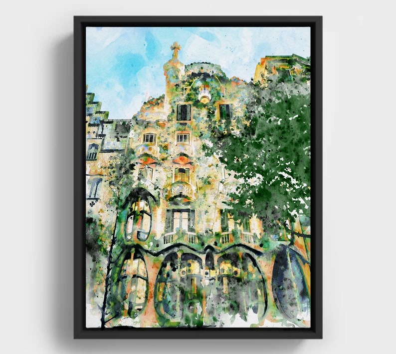 Casa Batllo Barcelona, aquarelle imprimable, architecture de Gaudi, décoration de paysage urbain espagnol, cadeau de voyage en Catalogne, souvenir d'art mural image 1