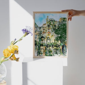 Casa Batllo Barcelona, aquarelle imprimable, architecture de Gaudi, décoration de paysage urbain espagnol, cadeau de voyage en Catalogne, souvenir d'art mural image 8