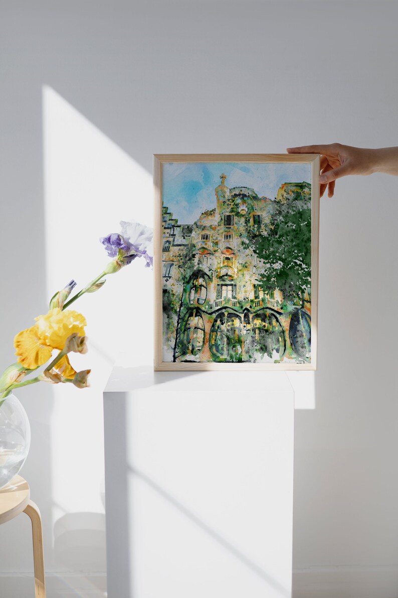 Casa Batllo Barcellona, pittura ad acquerello stampabile, architettura di Gaudi, arredamento del paesaggio urbano spagnolo, regalo di viaggio in Catalunya, souvenir d'arte da parete immagine 8