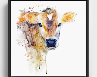 Jersey Cow Head, Printable Wall Art, Watercolor Painting, Countryside, Farm Domestic Herbivore Animal, Cow Lover Gift, Cattle, Livestock