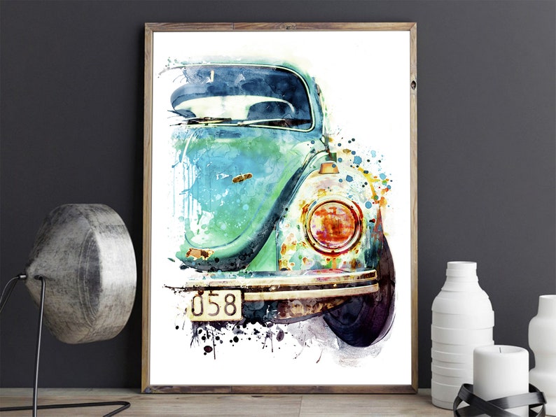 Aquarelle de voiture vintage allemande, affiche automobile imprimable, voiture classique turquoise abordable, décoration de chambre à coucher, cadeau amateur de voiture pour papa image 6