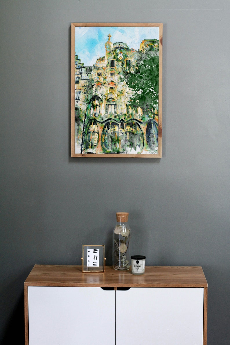 Casa Batllo Barcellona, pittura ad acquerello stampabile, architettura di Gaudi, arredamento del paesaggio urbano spagnolo, regalo di viaggio in Catalunya, souvenir d'arte da parete immagine 5