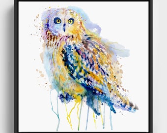 Printable Watercolor painting of a Short Eared Owl, Instant download, Wildlife Wall art, Owl poster, Bird art, Owl decor, Owl art gift