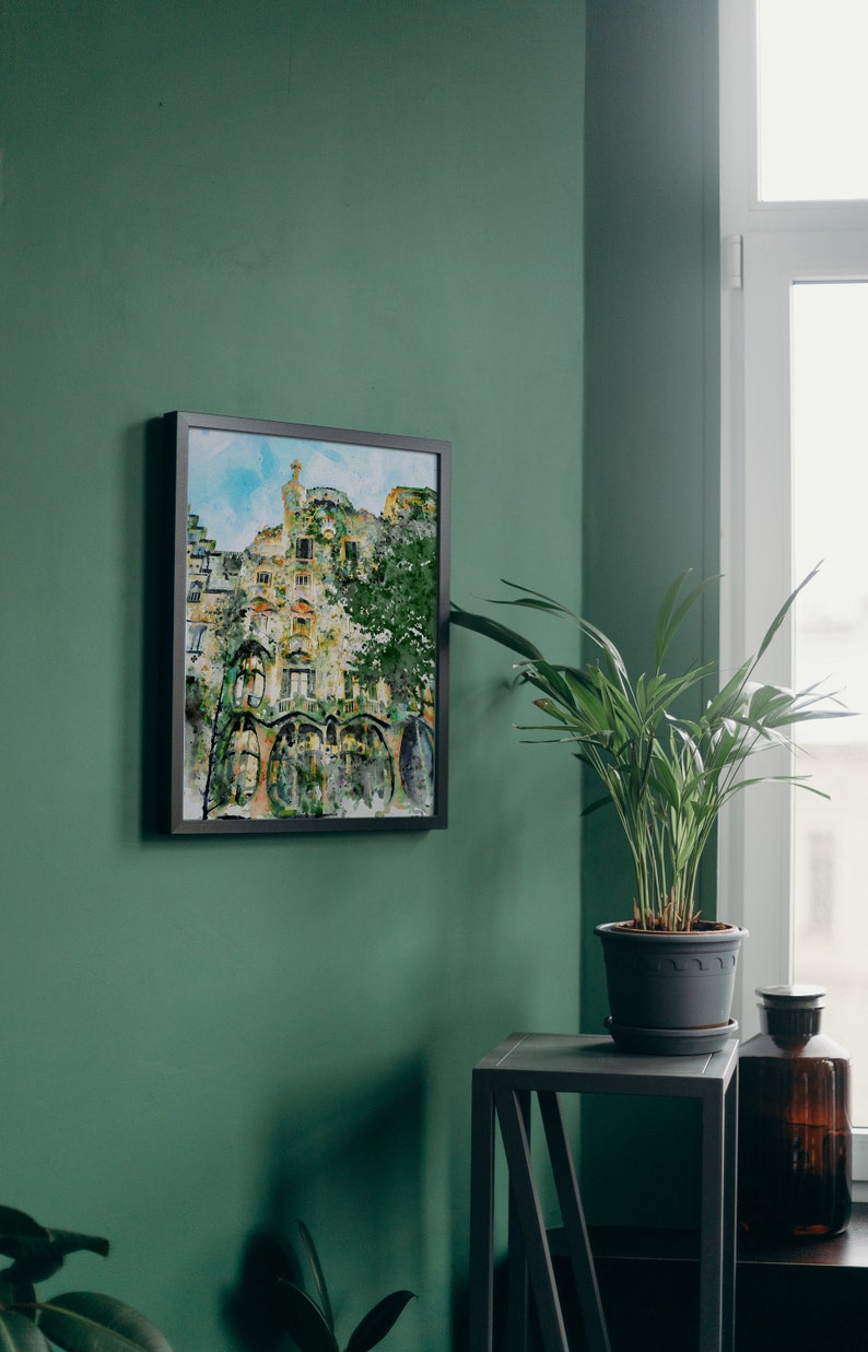 Casa Batlló Barcelona, Pintura de acuarela imprimible, Arquitectura de Gaudí, Decoración del paisaje urbano español, Regalo de viaje de Cataluña, Recuerdo de arte de pared imagen 10