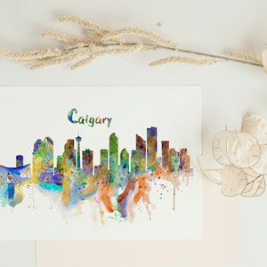 Calgary acuarela Skyline imprimible ciudad abstracta pintura varonil decoración urbana idea de regalo para papá amante de Calgary Downtown Calgary Wall Art imagen 3