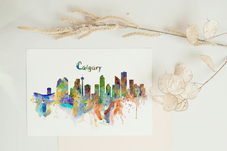 Calgary acuarela Skyline imprimible ciudad abstracta pintura varonil decoración urbana idea de regalo para papá amante de Calgary Downtown Calgary Wall Art imagen 3