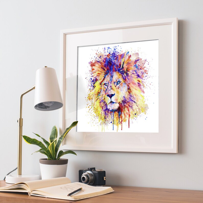 Printable Lion gift Lion King Wall Art Colorful Lion Head Big cats Wildlife Savannah Instant Download Lion decor Watercolor Portrait