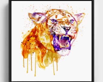 Angry Lioness, Printable Watercolor portrait, Lioness Wall art, Feline art poster, Big cat gift, Safari, Orange and Purple, Lioness Art Gift