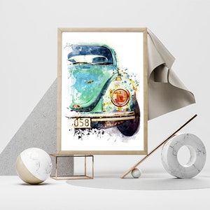 Aquarelle de voiture vintage allemande, affiche automobile imprimable, voiture classique turquoise abordable, décoration de chambre à coucher, cadeau amateur de voiture pour papa image 5