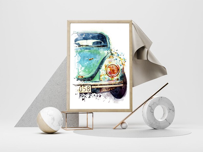 Aquarelle de voiture vintage allemande, affiche automobile imprimable, voiture classique turquoise abordable, décoration de chambre à coucher, cadeau amateur de voiture pour papa image 5