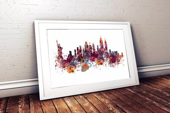 New York Watercolor Skyline Printable Horizontal Painting Etsy