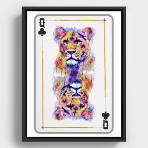 Acquerello "Leonessa Regina di Fiori", arte ispirata al casinò e alla fauna selvatica per giocatori d'azzardo e amanti dei felini, download immediato, 4 misure incluse