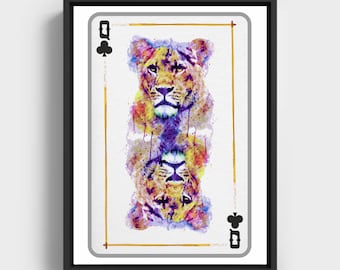 Lioness Head Queen of Clubs Playing Card for Casino Decor African Wildlife Wall Art Watercolor Animal Painting for Feline Lover and Gamblers