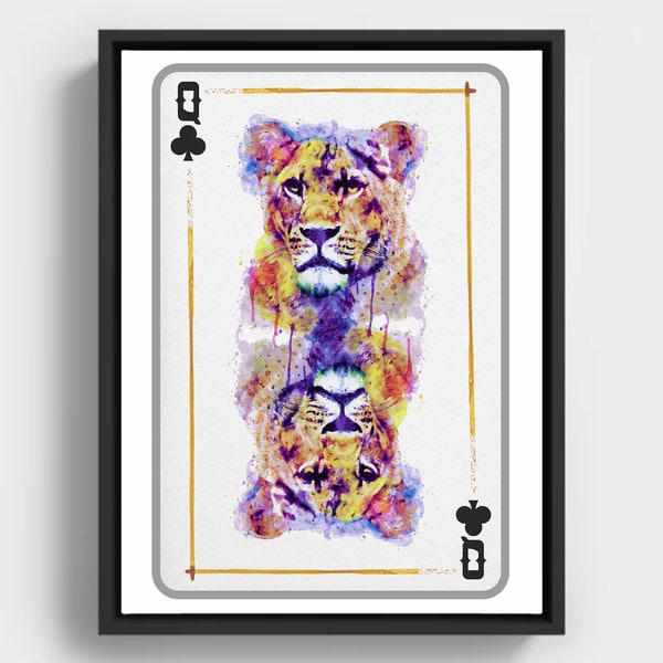 Lioness Head Queen of Clubs Playing Card for Casino Decor African Wildlife Wall Art Watercolor Animal Painting for Feline Lover and Gamblers