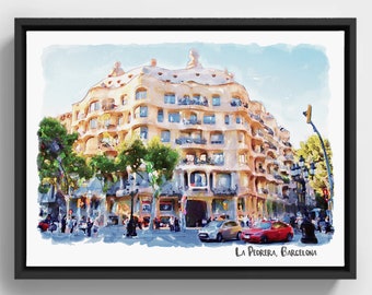 La Pedrera, la carrière, Gaudi, paysage urbain aquarelle de Barcelone, tableau de la Casa Mila, art mural imprimable, monument de Barcelone, ville espagnole, BCN