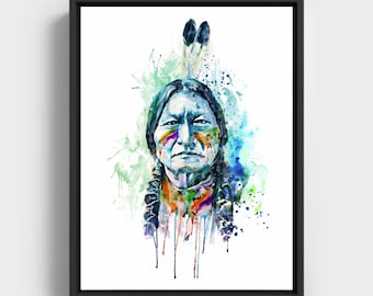 Sitting Bull Watercolor Portrait, Printable Art, Watercolor Indian, Native American, Gift Idea for Indian Lovers, Western Decor, Wild West
