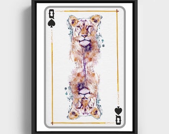 Lioness Head Queen of Spades Playing Card, Big Cat Wall Art Gift for Feline Lovers, Casino Decor for Gamblers, African Fauna Inspired Poster