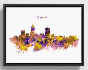 Horizontal Watercolor Painting of Indianapolis Skyline, Digital Download, City Silhouette, Indianapolis Decor Gift under 10, City Panorama