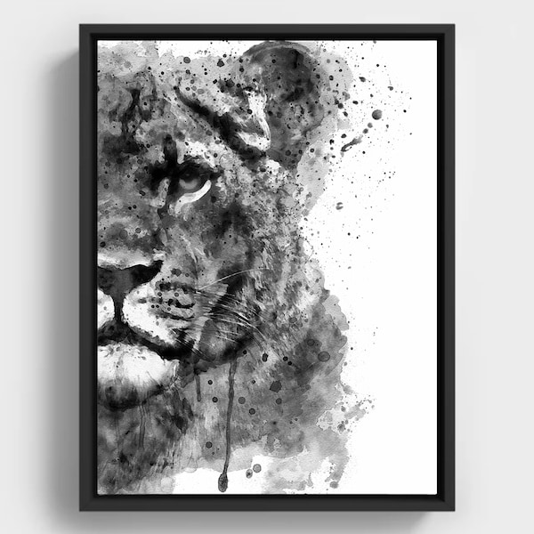 Big Cat Watercolor portrait of a Half Faced Lioness in Black and White Decor Safari Feline Poster Wildlife Africa Tourist Gift for Lion Fans