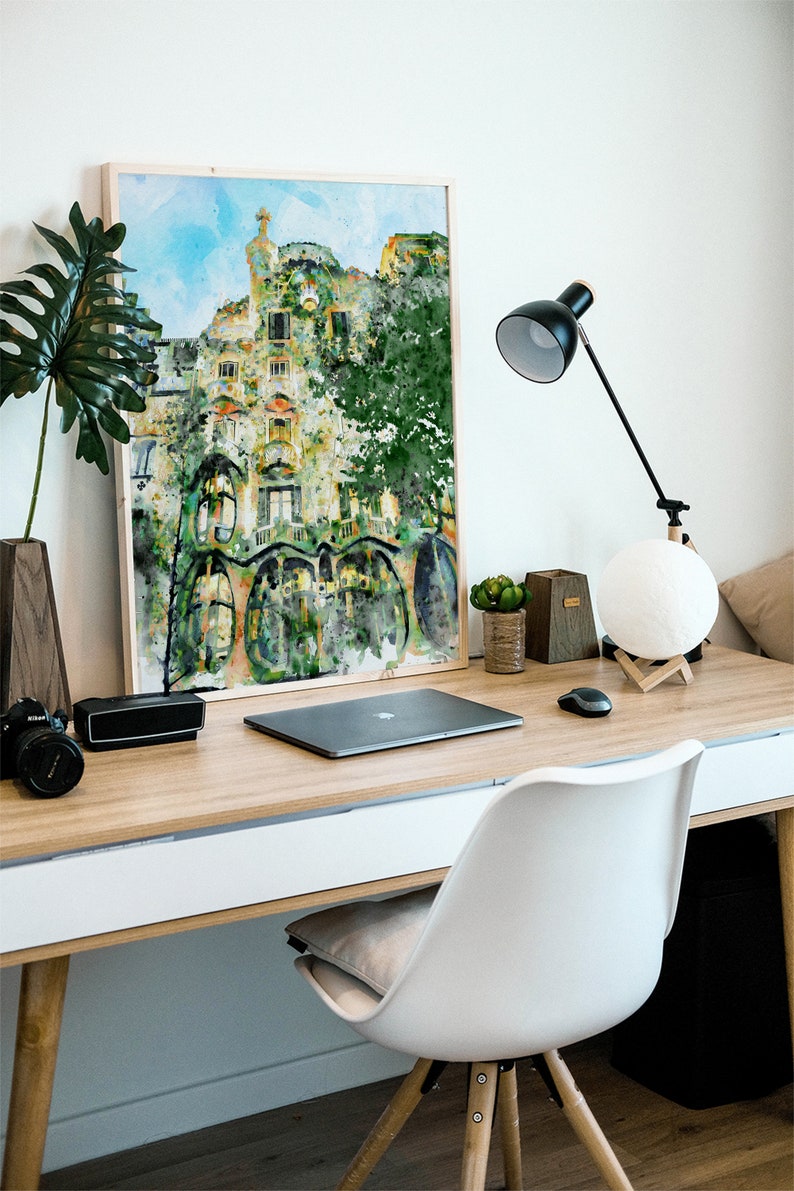 Casa Batlló Barcelona, Pintura de acuarela imprimible, Arquitectura de Gaudí, Decoración del paisaje urbano español, Regalo de viaje de Cataluña, Recuerdo de arte de pared imagen 7