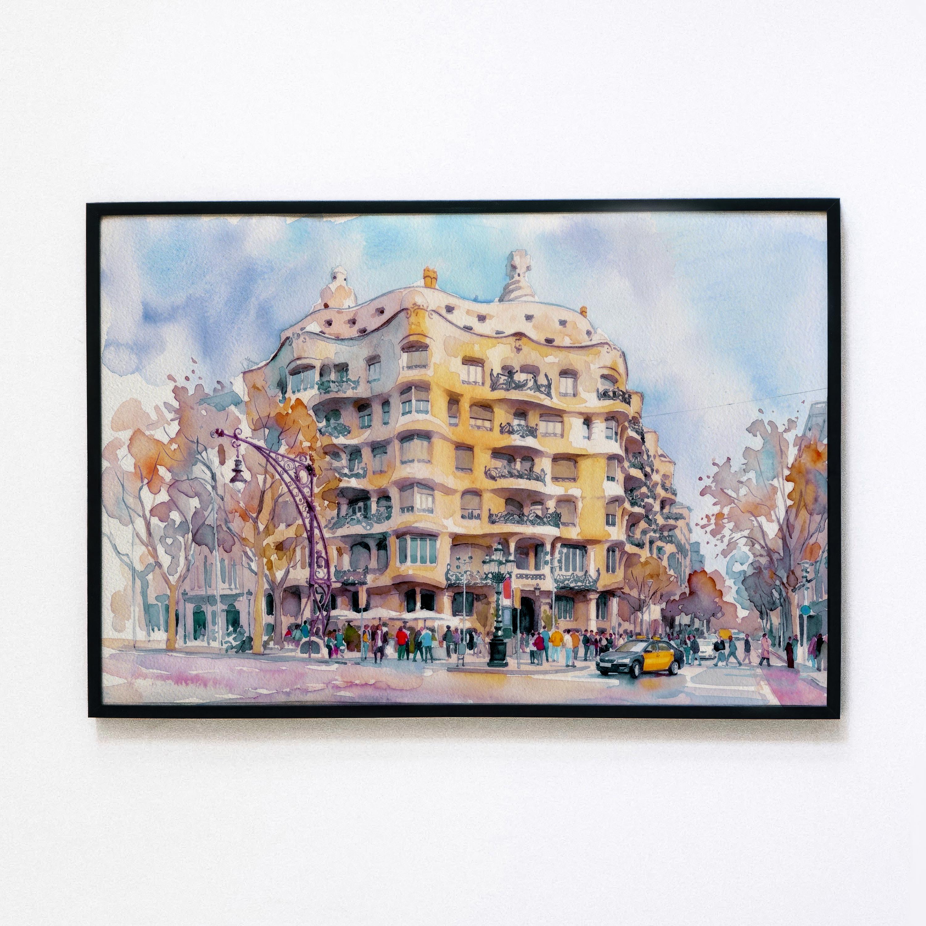 Barcelona Casa Mila Painting, Antoni Gaudi La Pedrera Illustration
