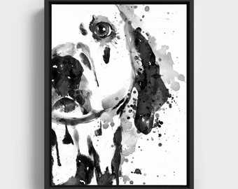 Black and White Watercolor painting of a Half Faced Dalmatian Dog