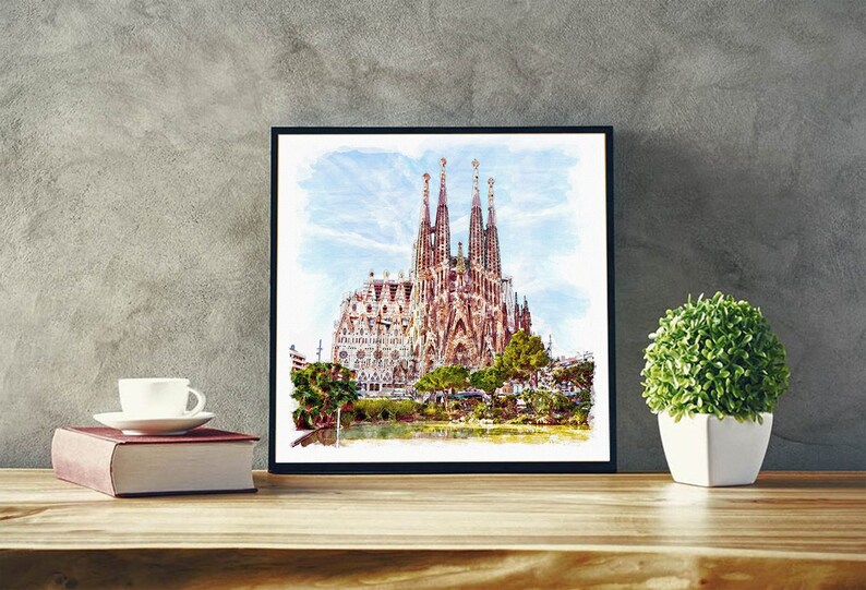 Sagrada Familia Watercolor Painting Gaudi Cathedral Wall | Etsy