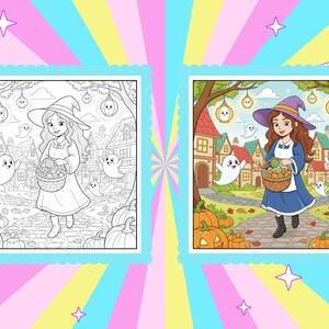 May include: A Halloween-themed illustration featuring a young witch in a purple hat and blue dress, carrying a basket of pumpkins. The scene includes friendly ghosts, jack-o'-lanterns, and a quaint village backdrop. The image is presented in both color and black and white.