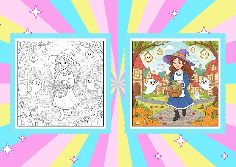 May include: A Halloween-themed illustration featuring a young witch in a purple hat and blue dress, carrying a basket of pumpkins. The scene includes friendly ghosts, jack-o'-lanterns, and a quaint village backdrop. The image is presented in both color and black and white.