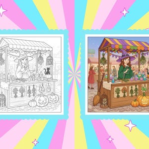 May include: A colorful illustration of a witch's market stall, featuring a witch in a purple hat and green dress. The stall is decorated with pumpkins, potions, and a black cat. The scene is set in a bustling marketplace.