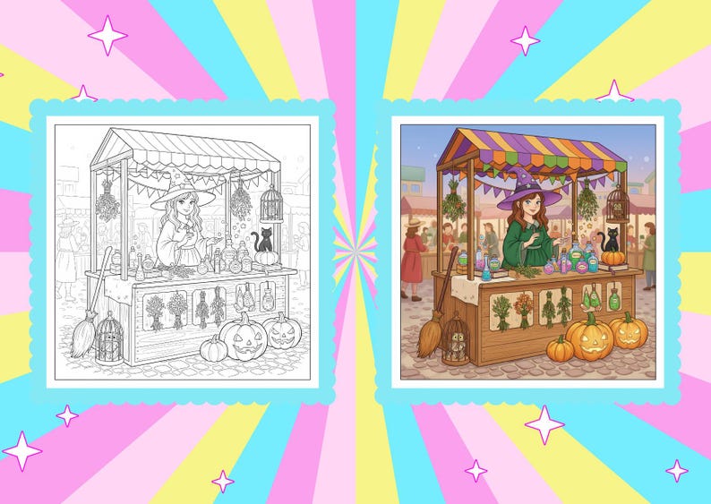 May include: A colorful illustration of a witch's market stall, featuring a witch in a purple hat and green dress. The stall is decorated with pumpkins, potions, and a black cat. The scene is set in a bustling marketplace.