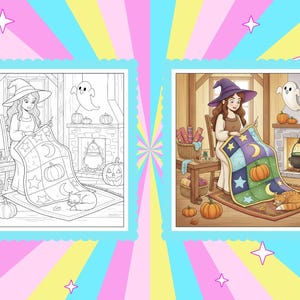 May include: A colorful illustration of a witch sewing a quilt with pumpkin and star designs. The scene includes pumpkins, a fireplace, a cat, and a ghost. The image is a coloring page and a colored version.