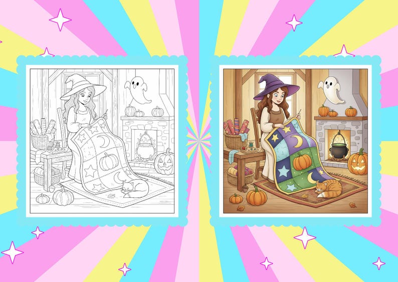 May include: A colorful illustration of a witch sewing a quilt with pumpkin and star designs. The scene includes pumpkins, a fireplace, a cat, and a ghost. The image is a coloring page and a colored version.