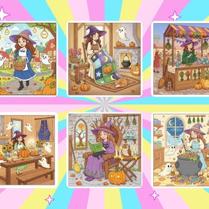 May include: A collection of six colorful illustrations featuring a witch in various Halloween-themed scenes. The witch is depicted in different settings, such as a market, a workshop, and a kitchen, surrounded by pumpkins, ghosts, and other festive elements.
