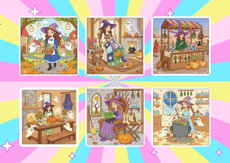 May include: A collection of six colorful illustrations featuring a witch in various Halloween-themed scenes. The witch is depicted in different settings, such as a market, a workshop, and a kitchen, surrounded by pumpkins, ghosts, and other festive elements.
